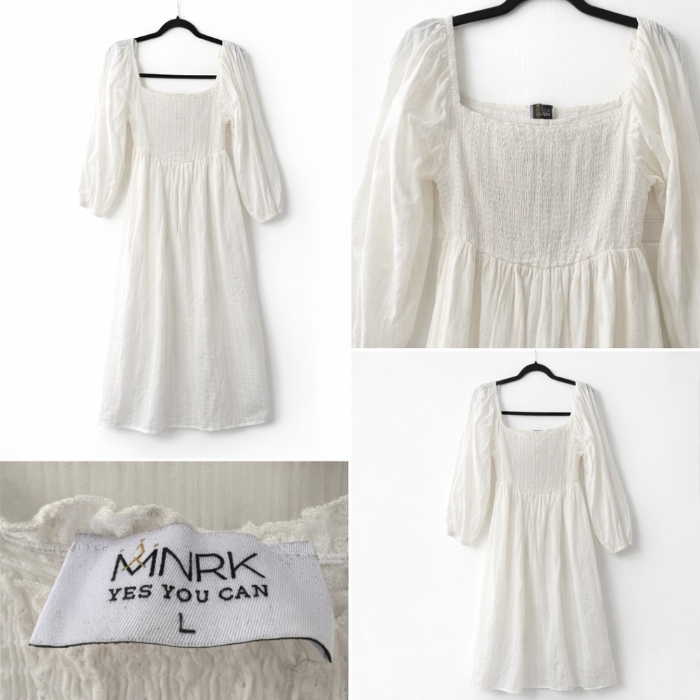 🤍 MNKR “Yes You Can” White Smocked Dress – Size L 🤍